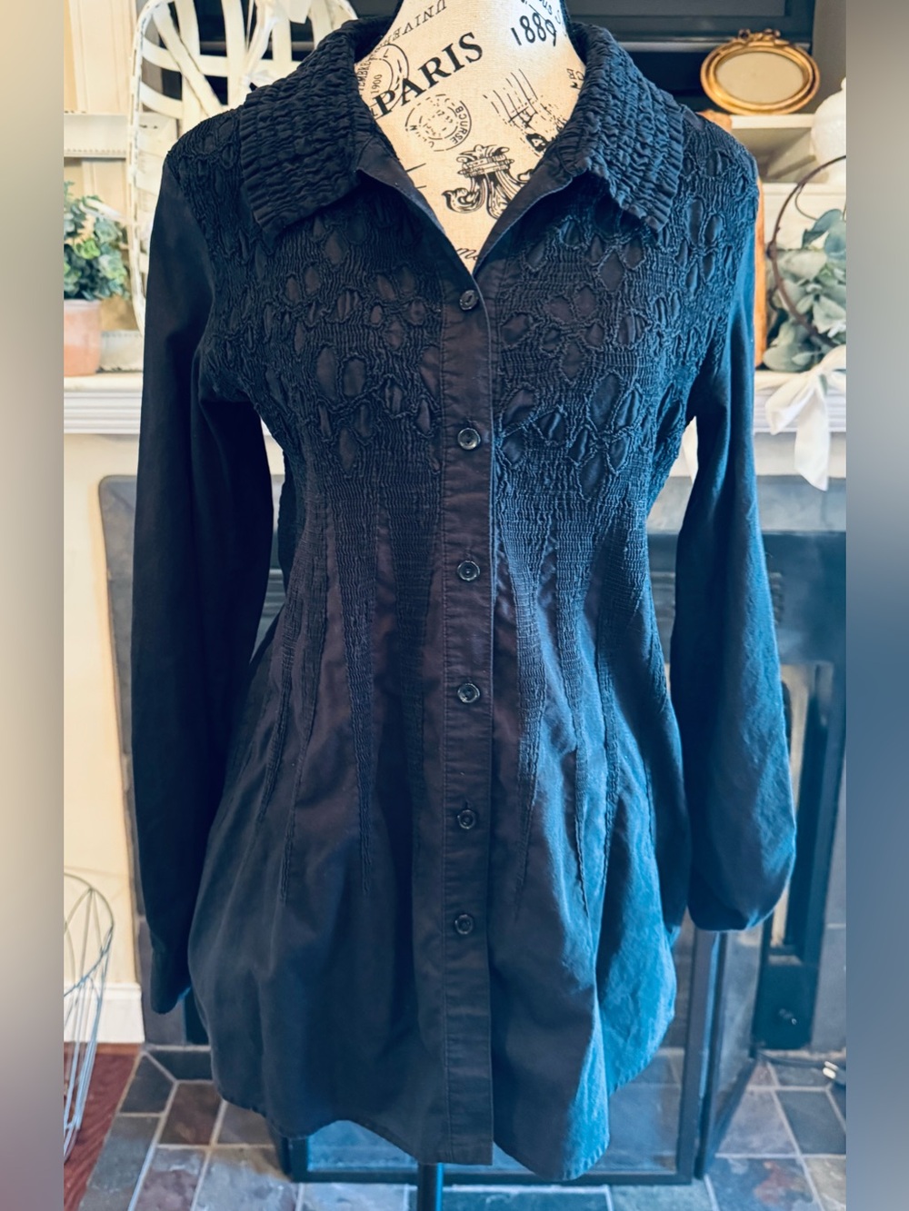 Whimsigoth Black Smocked Lace Button Down Y2K Top Dark Romantic Long Sleeve 8